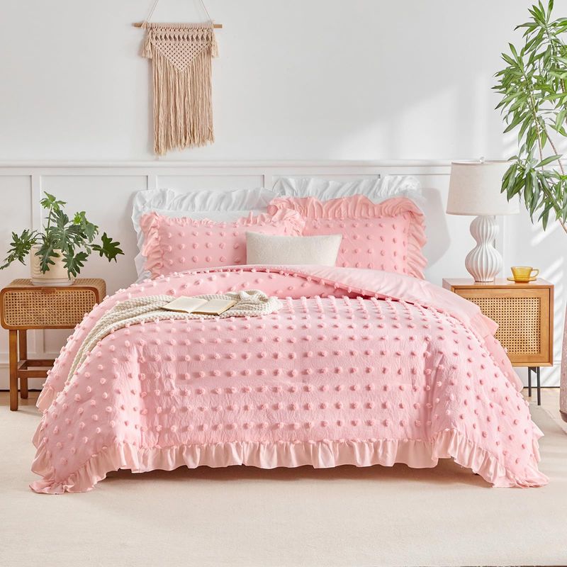 Set copripiumino matrimoniale traspirante con volant e ricami a pois bianchi, set di biancheria da letto per tutte le stagioni, 3 pezzi, in alternativa al piumino._voghion.com