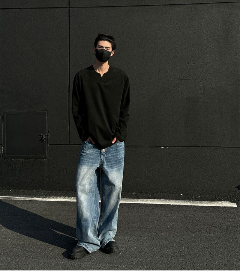 boy Boy Autumn Winter De Velvet V-Neck Sweatshirt Warm Inner Layer Base Shirt Long Sleeve T-Shirt Top Trendy Men's Cool Fashion_voghion.com