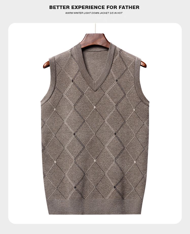 Men's V-Neck Sleeveless Knit Vest - Thickened Polyester Wool Sweater Vest For Casual Wear (M-XXXXL, Grey/Beige, Checkered Pattern)_voghion.com