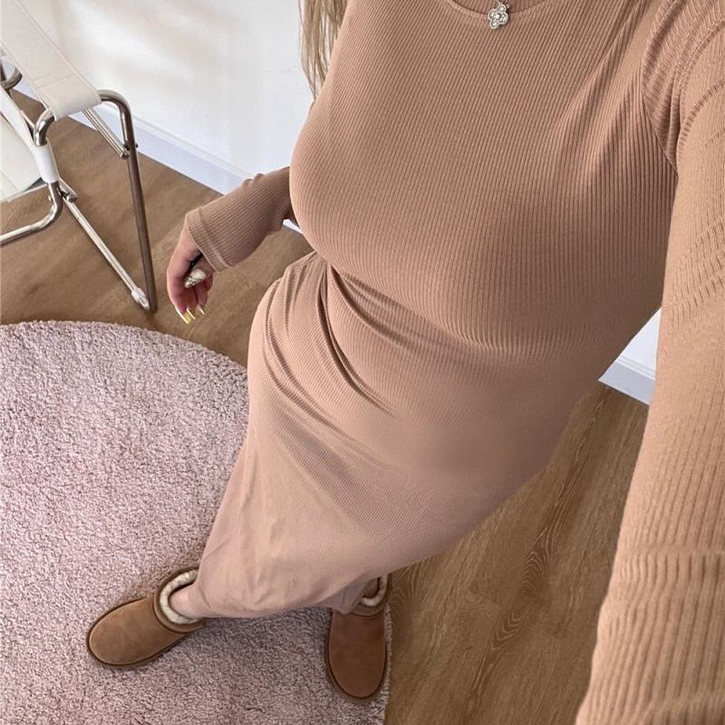 Plus Size 150kg Mins Style Spicy Girl Simple Versatile Tight-Fitting Body-Shaping Long Sleeve Bodycon Dress Autumn_voghion.com
