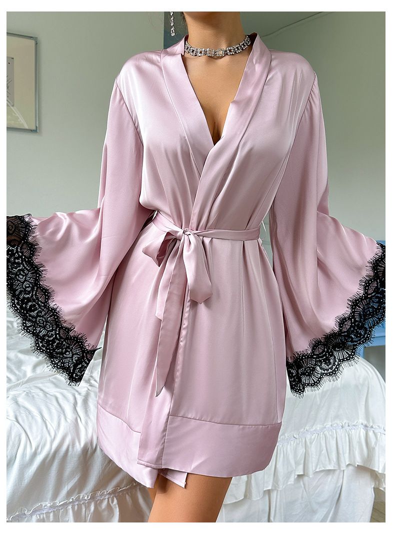 Europäische und amerikanische Cross Border Sexy Nachthemd Medium Bademantel Sexy Pyjamas Damen Langarm Damen Satin Home Kleidung Großhandel 735_voghion.com