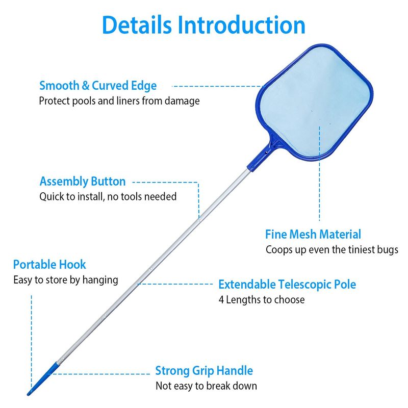 Swimming Pool Telescopic Leaf Net Skimmer Rake With Adjustable Aluminum Pole And Nylon Medium Fine Mesh For Cleaning Swimming Pools, Hot Tubs, Spas And Fountains_voghion.com