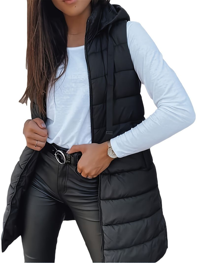 Women's Long Hooded Zip-Up Quilted Vest - Lightweight Polyester Puffer Jacket For Winter, Casual & Elegant Style_voghion.com