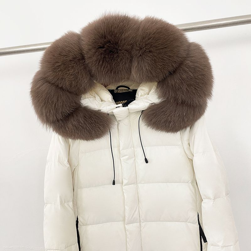 Cappotto lungo con cappuccio in pelliccia di volpe nera e oro di lusso per donna - Elegante parka invernale con pelliccia staccabile, calda giacca oversize_voghion.com