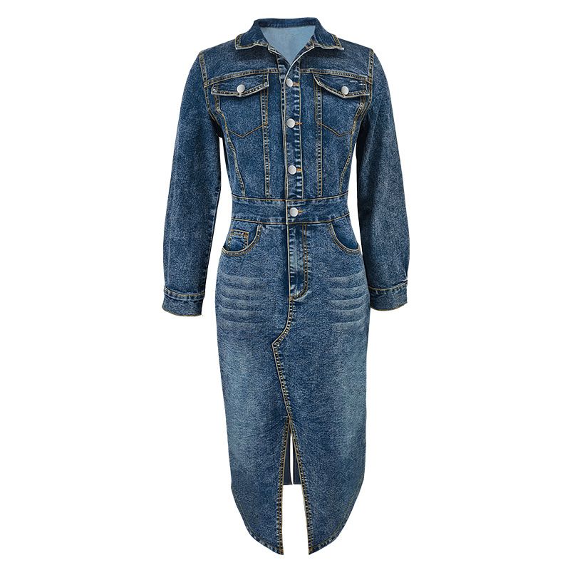 Damenbekleidung Reversknopf Langarm Schlitz Neues langes Denim-Kleid_voghion.com