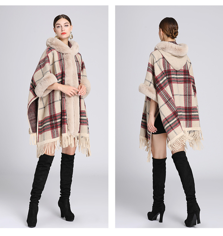 Femmes quand col de fourrure de renard manteau de laine moyen long tempérament cape cape manteau_voghion.com