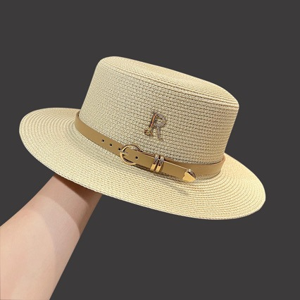 Chica de paja vacaciones de verano playa agua diamante letra R cinturón personalizado inglés plano superior sombrilla sombrero fresco_voghion.com