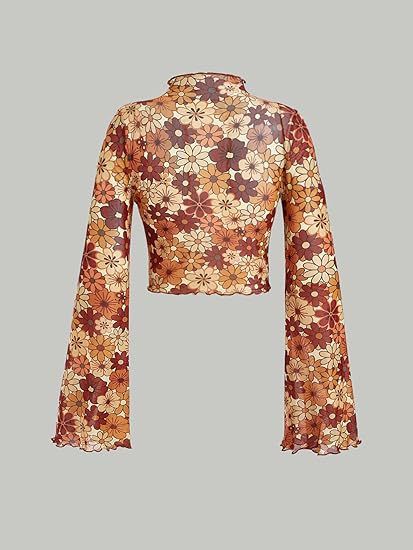 Top corto da donna con maniche a campana in rete floreale, colletto arricciato e orlo a lattuga_voghion.com