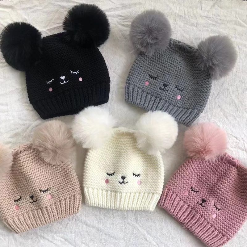 Platform specific autumn and winter children's cartoon double wool ball knitted hat_voghion.com