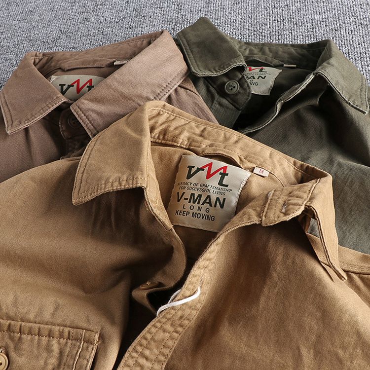 Herrenbekleidung, Arbeitskleidung, Hemdjacke mit mehreren Taschen, schlicht, verwaschen, im Used-Look, vielseitiges Langarmhemd, lässige Oberteile_voghion.com