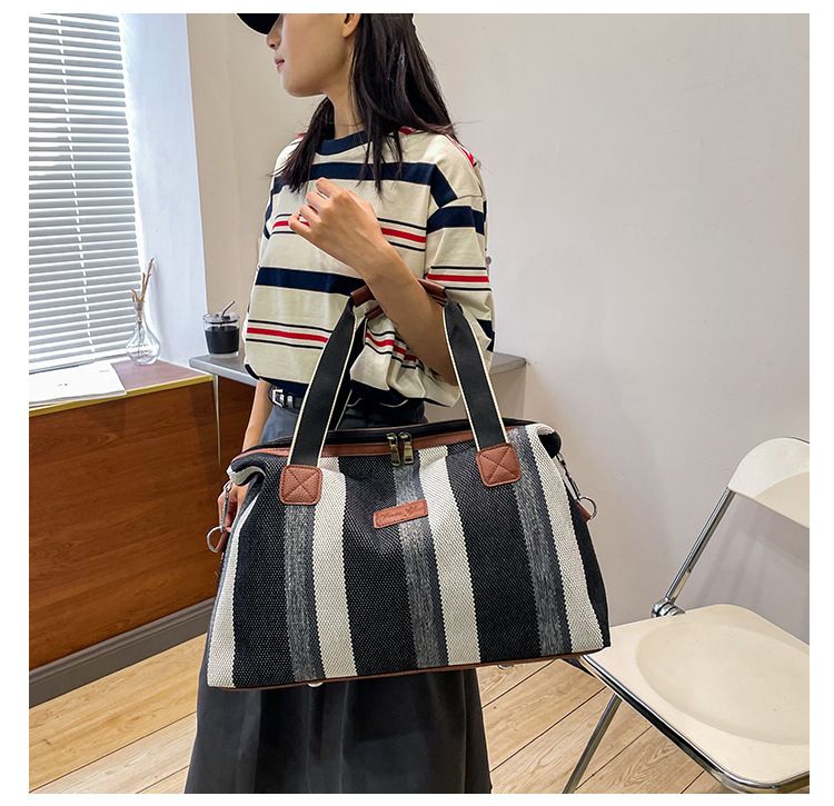 Reisetaschen Neue gestreifte Kurzstrecken-Reisetasche für Damen aus rauem Canvas, Handgepäcktasche, große Kapazität, Schulter-Umhängetasche_voghion.com