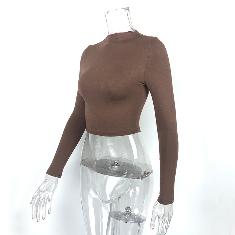 Maglietta da donna a tinta unita sexy attillata senza collo a maniche lunghe con collo a mezza altezza_voghion.com