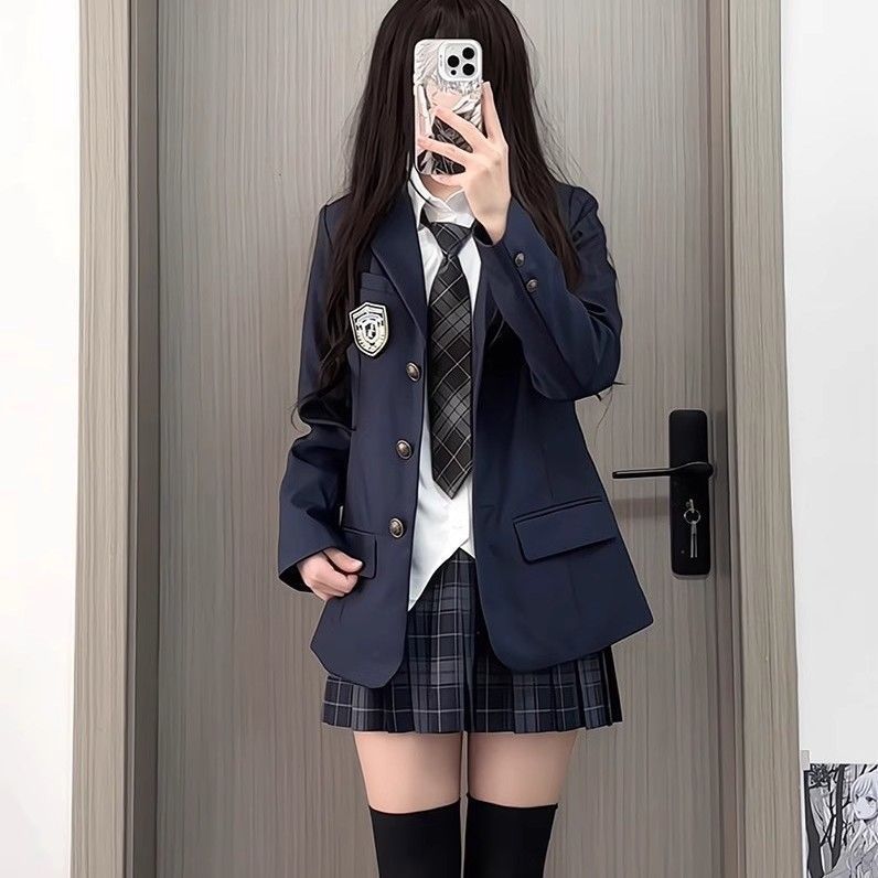 Mädchen JK Uniform Marineblauer Anzug im College-Stil Blazer Karorock Hemd Outfit Set für Damen_voghion.com