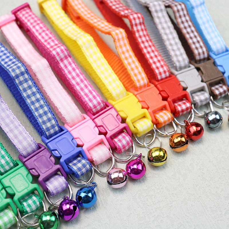 Collier pour chien et chat tissé coloré, petit format, décontracté, à carreaux, avec clochette et anneau_voghion.com