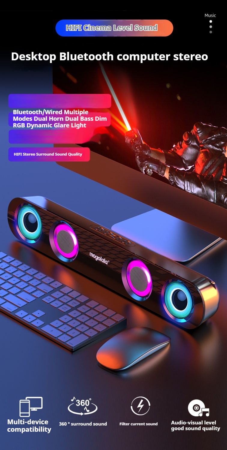 Akıllı Bluetooth Bilgisayar Masaüstü Hoparlörü, Yüksek Sesli Çift Subwoofer, Ortam Işığı, Küçük Hoparlör_voghion.com