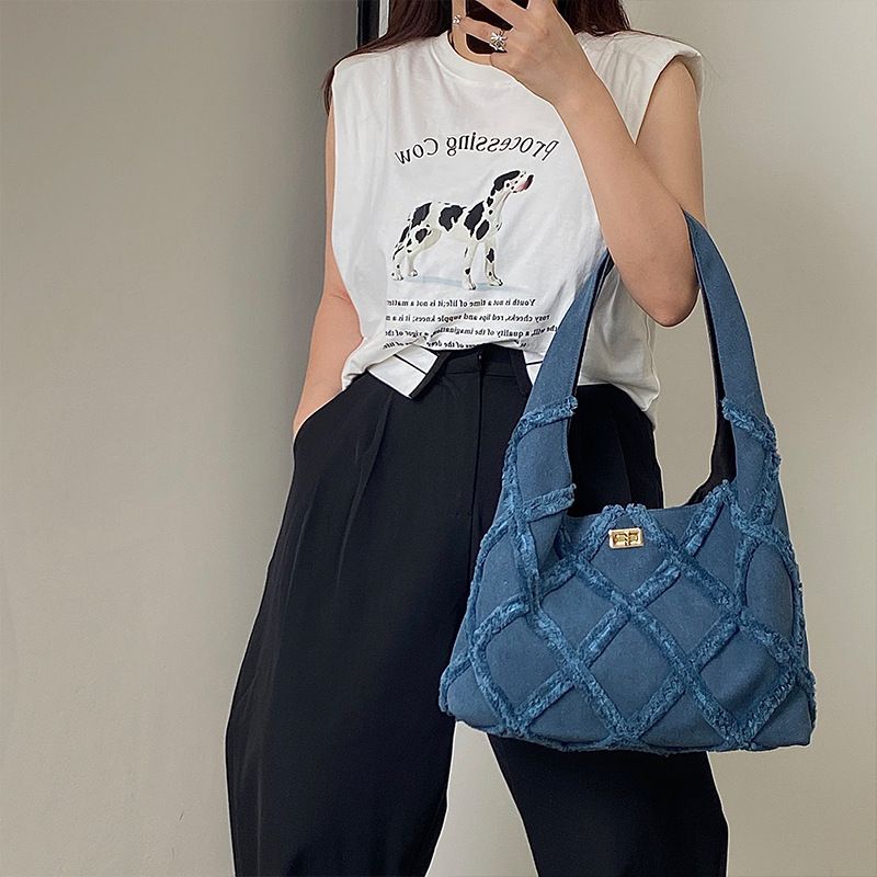 New retro commuter bag high end niche fashion versatile trend Korean denim canvas bag women's shoulder bag_voghion.com