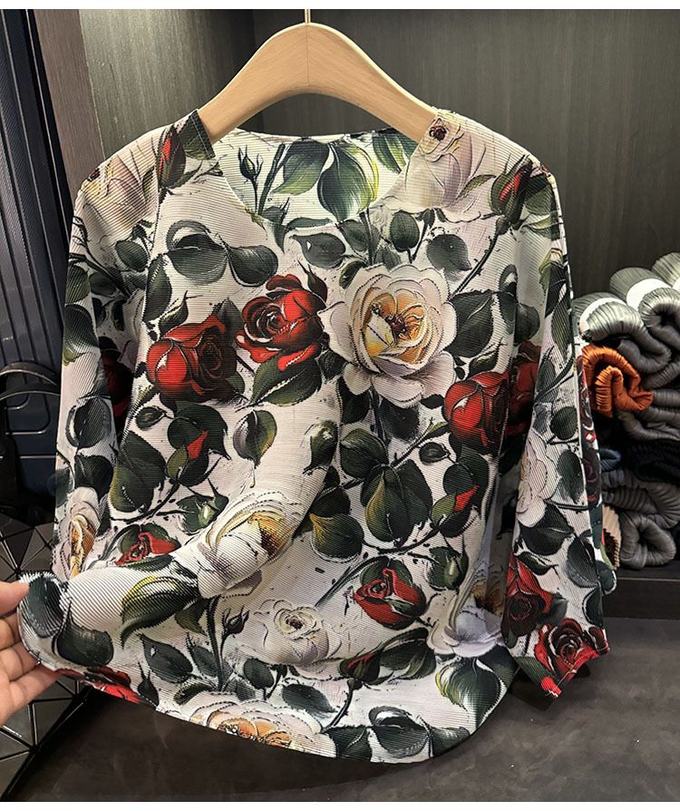 Abbigliamento da donna, top a pieghe larghe e stampate di alta moda, per donne in autunno, nuova maglietta a maniche a pipistrello con scollo rotondo per il pendolarismo_voghion.com