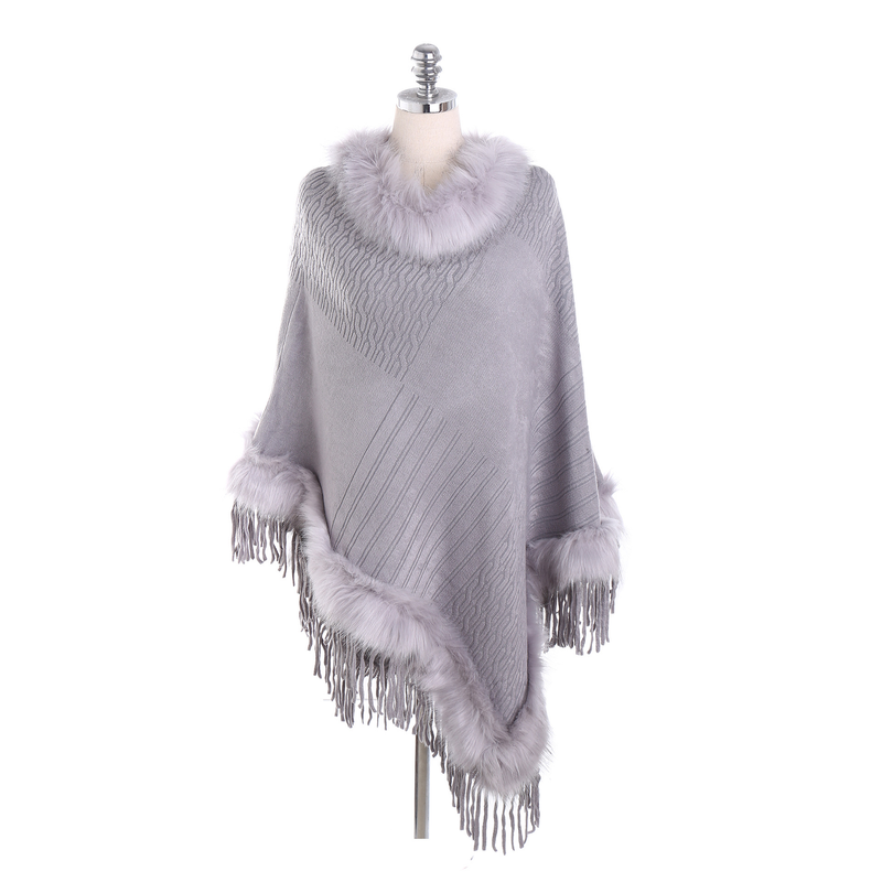 Pulover în stil la modă de toamnă și iarnă, culoare solidă, guler de blană, tiv mare, eșarfă șal din cașmir cu ciucuri_voghion.com