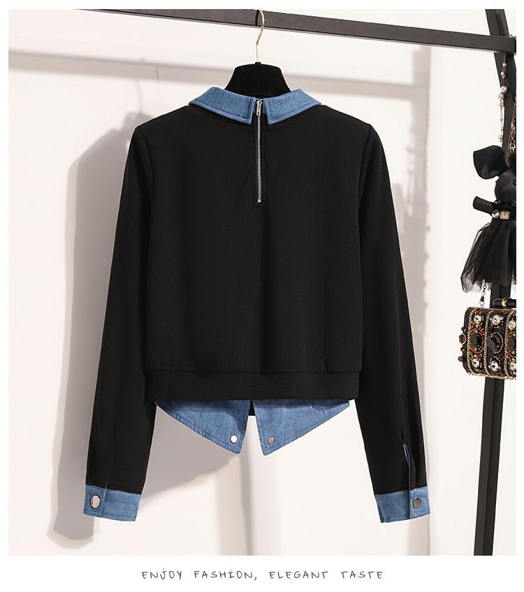 Plus Size Women's Casual Denim Patchwork Hoodie & Midi Skirt Set – Flattering & Stylish Two-Piece Outfit_voghion.com
