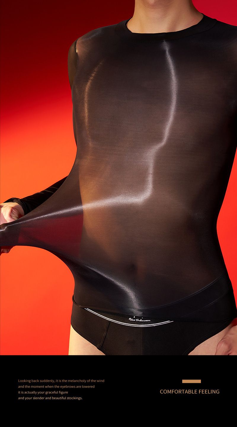Europäische und amerikanische langärmelige, enge Bademode mit Perspektive, hochelastische Dessous, transparente Seidenstrümpfe, Oberteil, ölige, seidige Pferdeölsocken_voghion.com