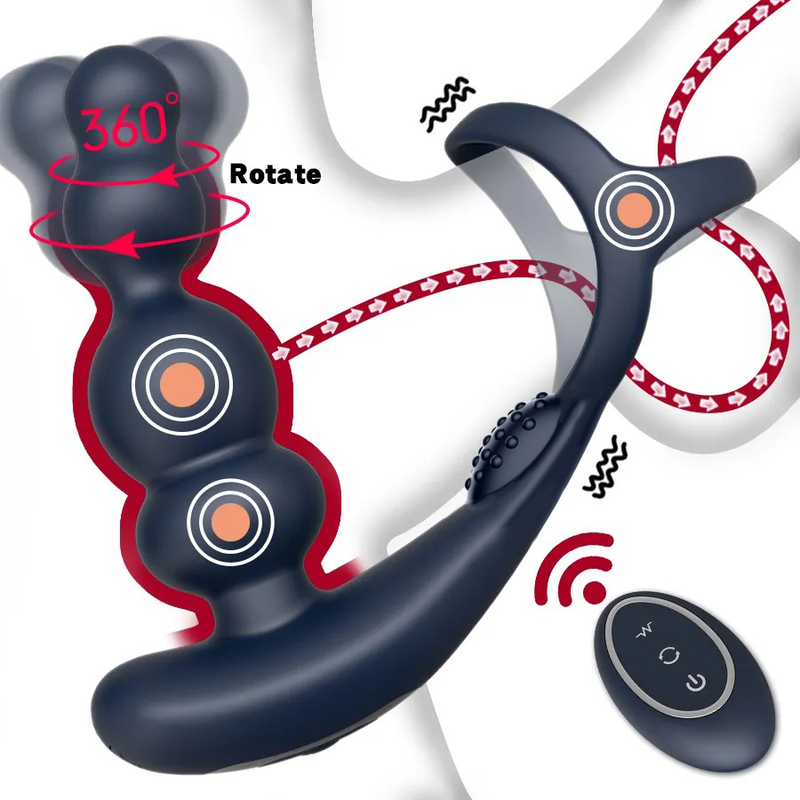 Vibratore in silicone anale e rotazione di 360° Massaggiatore prostatico Controllo wireless Ritardo Anello di bloccaggio dell'eiaculazione anale_voghion.com