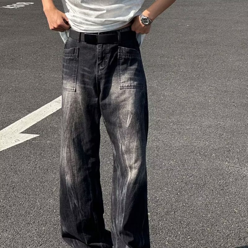 Jeans da uomo a gamba larga, stile retrò, lavati – Pantaloni in denim dritti e larghi (nero, blu, dalla S alla 3XL)_voghion.com