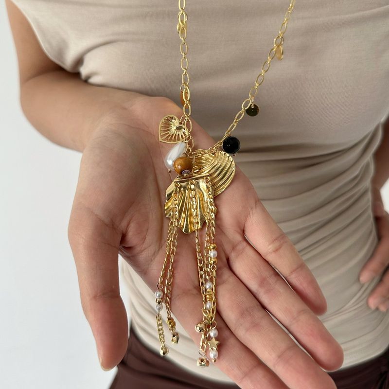 Collana con ciondolo a forma di nappa, con perline di legno, perle, gocce d'acqua, cuore e conchiglia, design a nicchia per clavicola, catena per maglione da donna_voghion.com