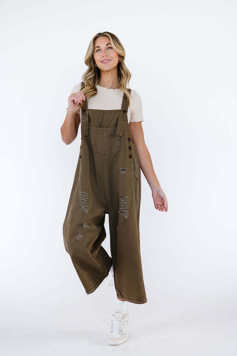 Kadın Giyim Moda Retro Yıpranmış Delikler Bol Geniş Paça Rahat Günlük Askılı Kot Tulum_voghion.com