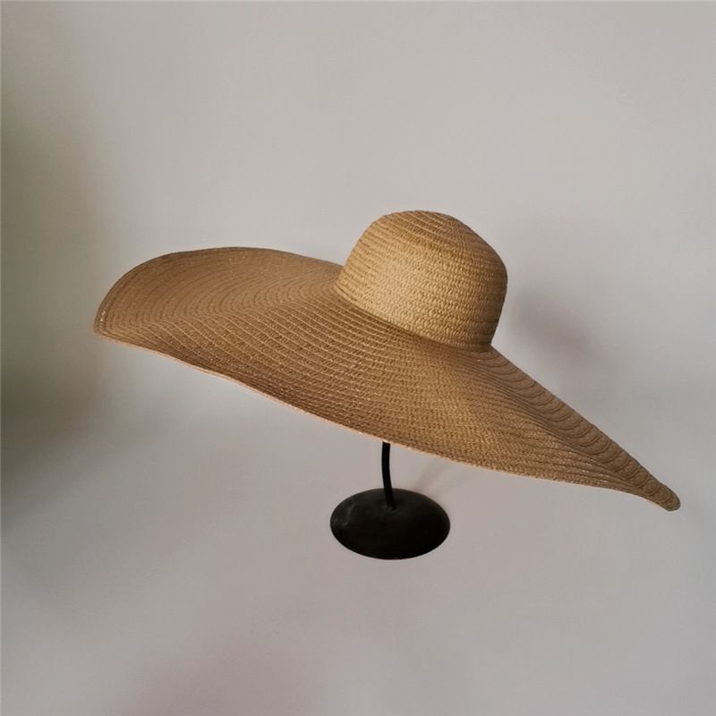 Cappello da spiaggia pieghevole da donna per vacanza in paglia oversize Instagram, tesa larga 70 cm, protezione solare e cappello parasole_voghion.com