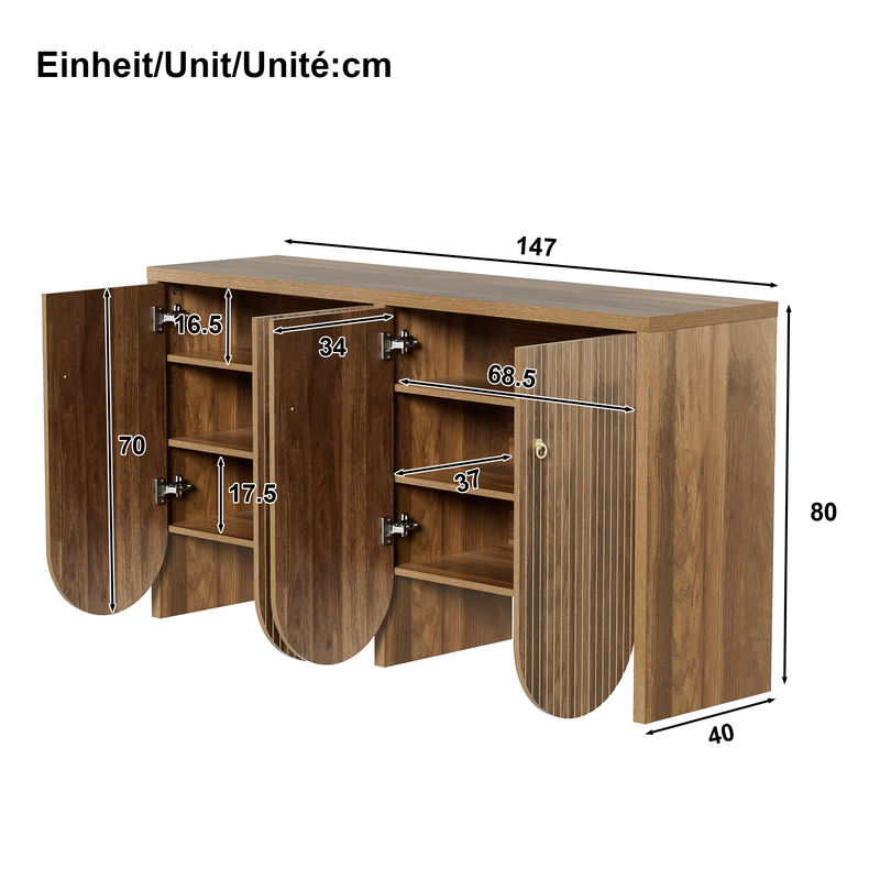 Buffet Elegantes En Noyer – 147×40×80 Cm Avec 4 Türen, Verstellbaren Einlegeböden & Alugriffen – Vielseitiger Aufbewahrungsschrank Für Wohnzimmer, Esszimmer & Flur_voghion.com