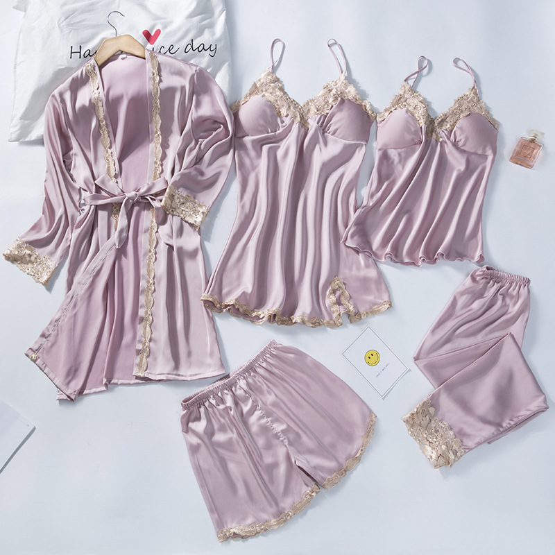 pigiama sexy da donna in seta di ghiaccio set da cinque pezzi con bretelle camicia da notte a maniche lunghe in seta sottile da casa con imbottitura sul petto_voghion.com