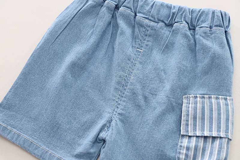 Grenzüberschreitender Außenhandel Kinderkleidung Jungenanzug Sommer Neu Gestreiftes, farblich passendes Jeanshemd Bequemer Anzug mit kurzen Ärmeln und Shorts_voghion.com