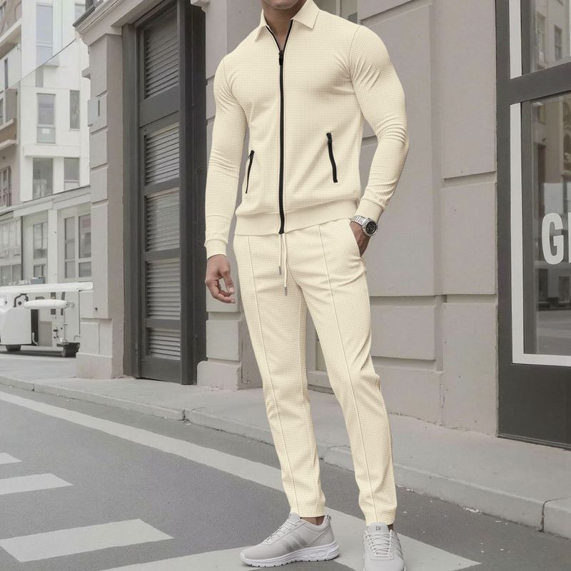 Herren Freizeitanzüge Langarm Tasche Reißverschluss Hemd Jacke Hose Zweiteiliger Anzug Männer_voghion.com