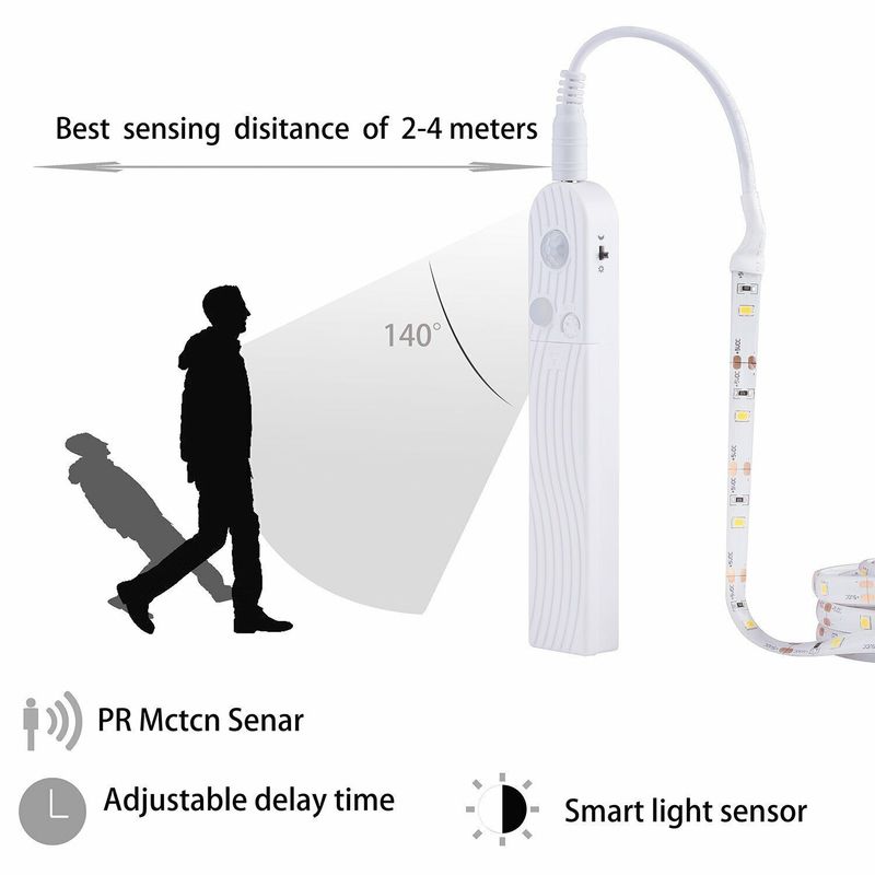 Weiß PIR Motion Sensor LED Streifen Licht Batterie Powered Treppen Schrank Schrank UK_voghion.com