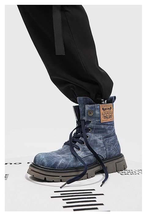 Men’s Shoes version sweet retro style thick heel round toe front lace up men's mid tube denim boots_voghion.com