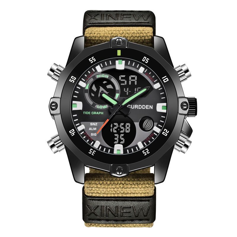 Herren-Sportuhr mit Nylonarmband – Doppelanzeige analog und digital, multifunktional mit Kalender, Alarm, GMT und Leuchtfunktion_voghion.com