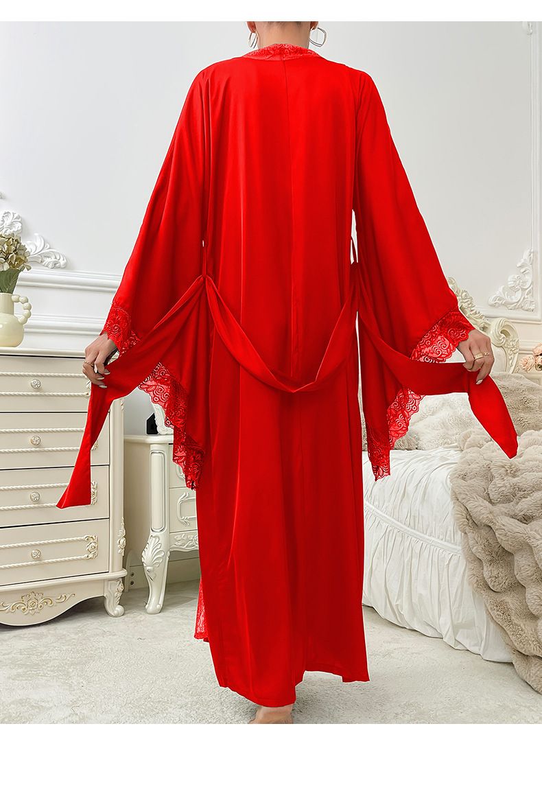 New Satin Long Pajamas Women Lace Light Luxury Long Sleeve Cool Feeling Nightgown Bathrobe Home Clothes Women_voghion.com