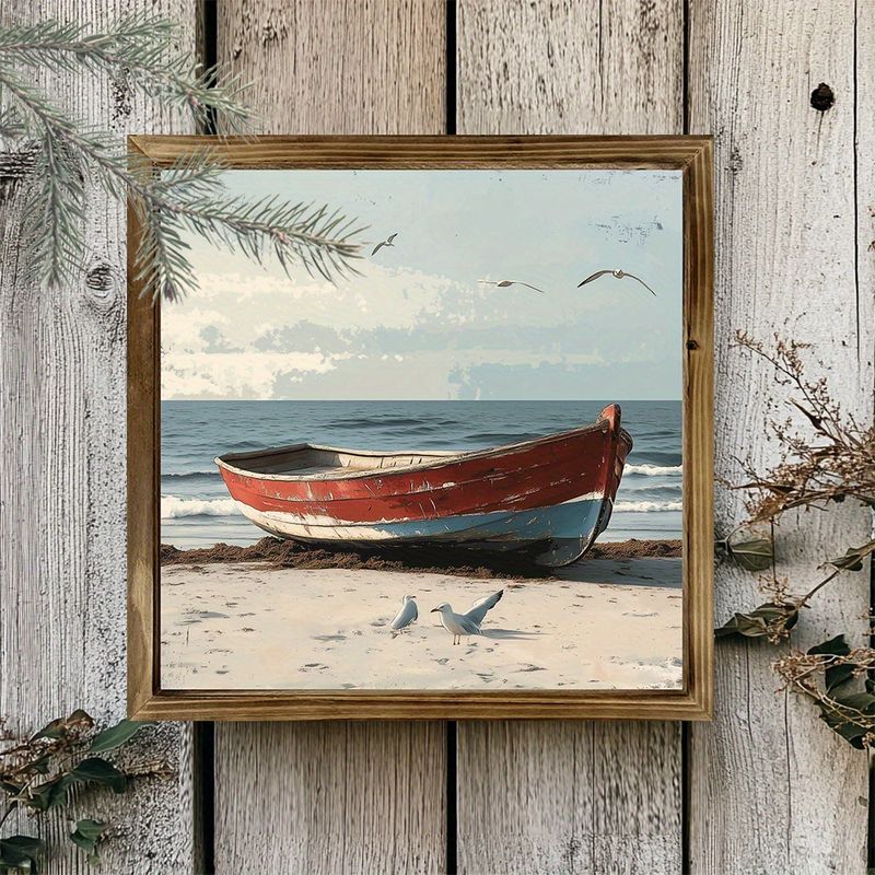 Placa de madeira costeira vintage "8x8" - Cena de praia com barco e gaivota. Decoração rústica de verão para quarto ou escritório. Presente de Natal perfeito._voghion.com