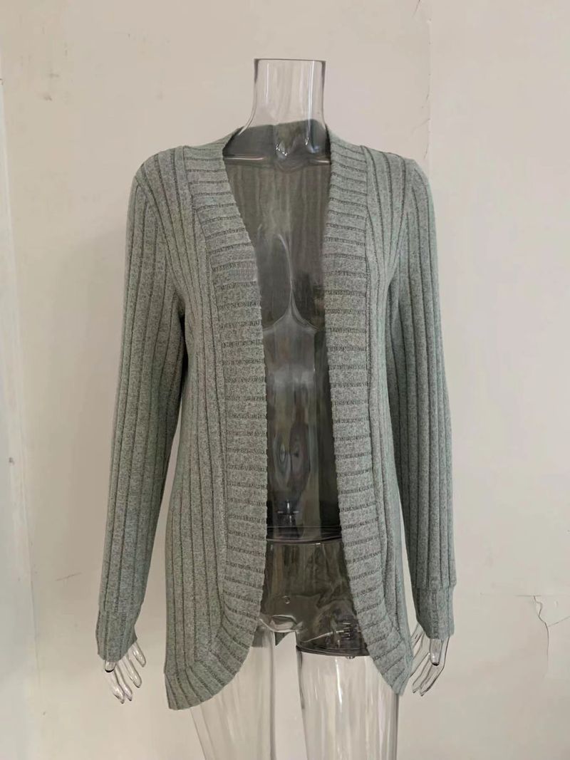 Gerippter Strickcardigan für Damen – Leichter Langarmpullover mit offener Vorderseite für Frühling und Herbst, dehnbare Polyester-Spandex-Mischung in Schwarz und Grau_voghion.com