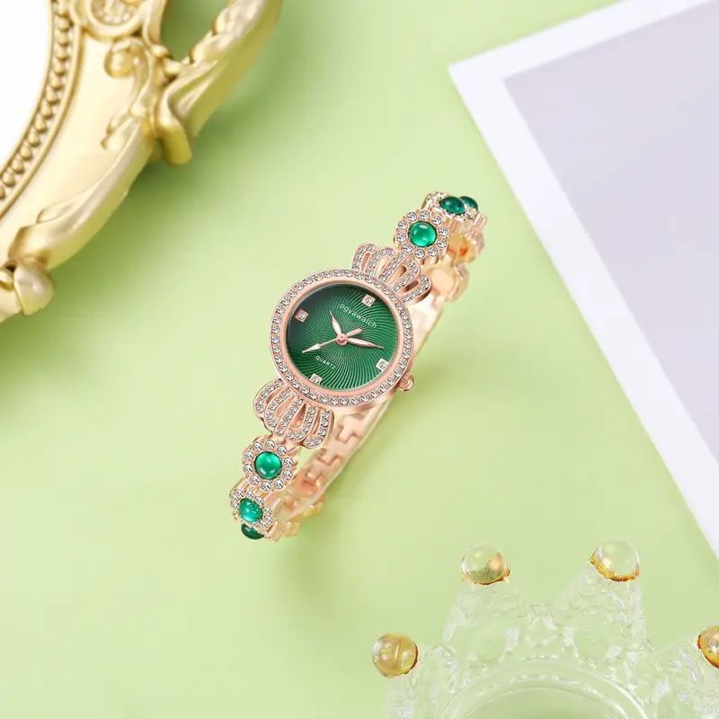 Fashionable and versatile diamond studded steel bracelet watch + heart studded diamond bracelet set for women_voghion.com