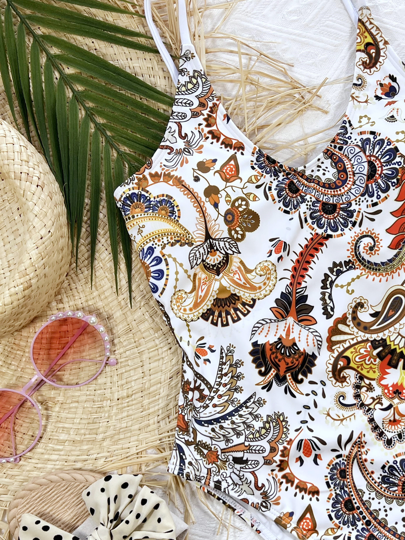 One-piece swimsuit for women V-neck printed one-piece bikini set_voghion.com