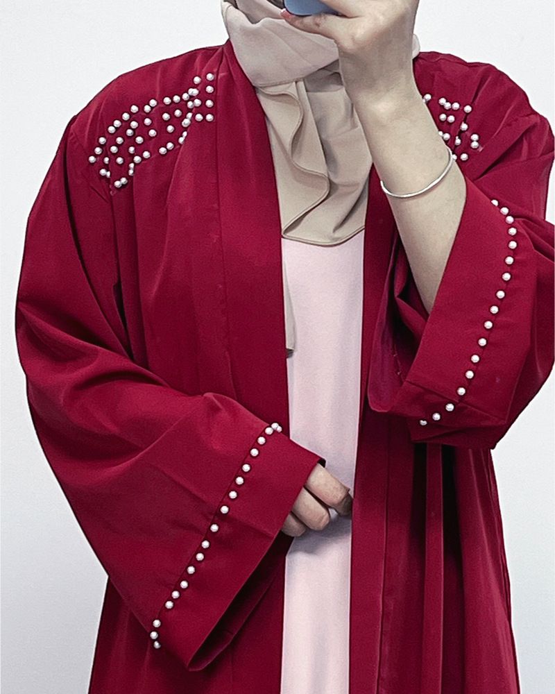 Elegant Dubai Pearl-Embellished Abaya – Long Sleeve Open Front Robe Dress (Black/Burgundy, S-XXL)_voghion.com