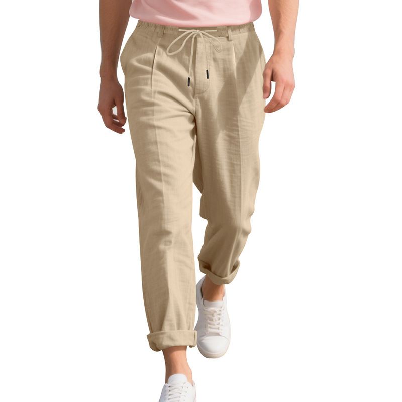 Pantaloni da uomo in lino, traspiranti, comodi, color cachi, dritti, casual, leggeri (cachi chiaro, blu chiaro, marrone) - S/M/L/XL/XXL_voghion.com