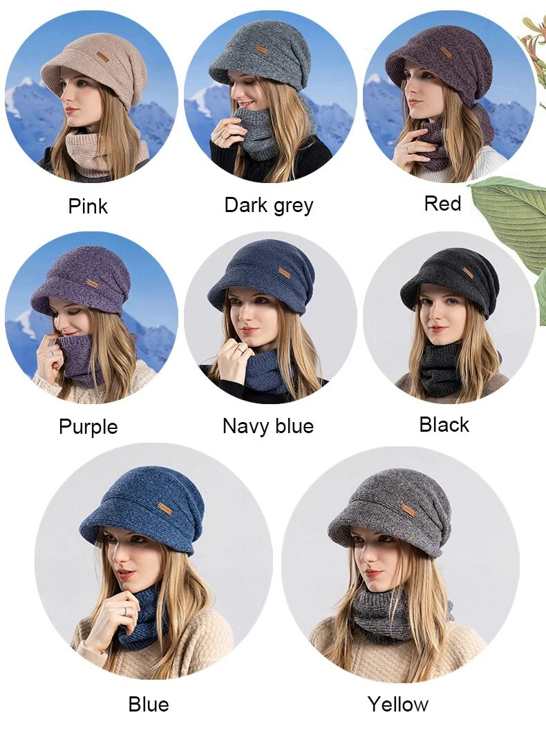 CHRLCK Bonnet Chapeaux Ensemble Femmes Chaud Tricoté Crâne Cap Cou Plus Chaud Épaissir Fourrure Doublé Dame Hiver Chapeau Masque Écharpe_voghion.com