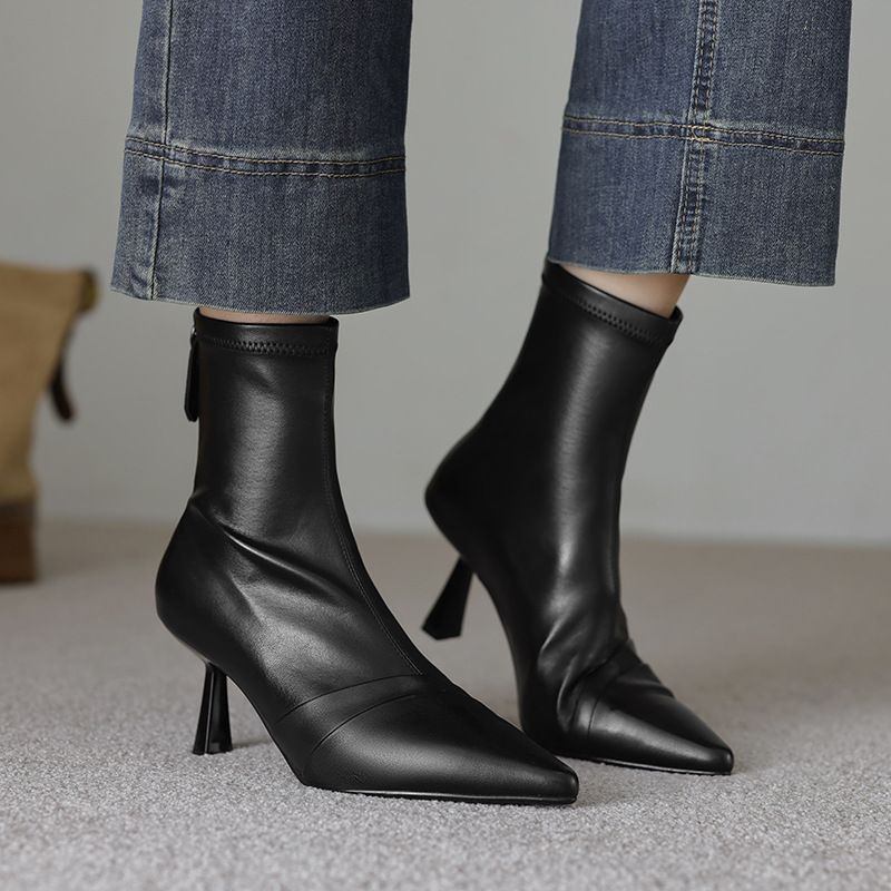 Stivaletti alla caviglia eleganti, sottili, elastici, a punta, in vera pelle, per autunno e inverno, con tacco alto_voghion.com