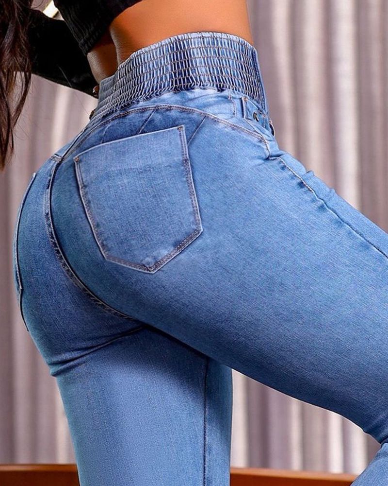 Damenbekleidung Elastische Taille Hohe Taille Elastische Strumpfhose Leicht ausgestellte, hüfthebende Jeanshose_voghion.com
