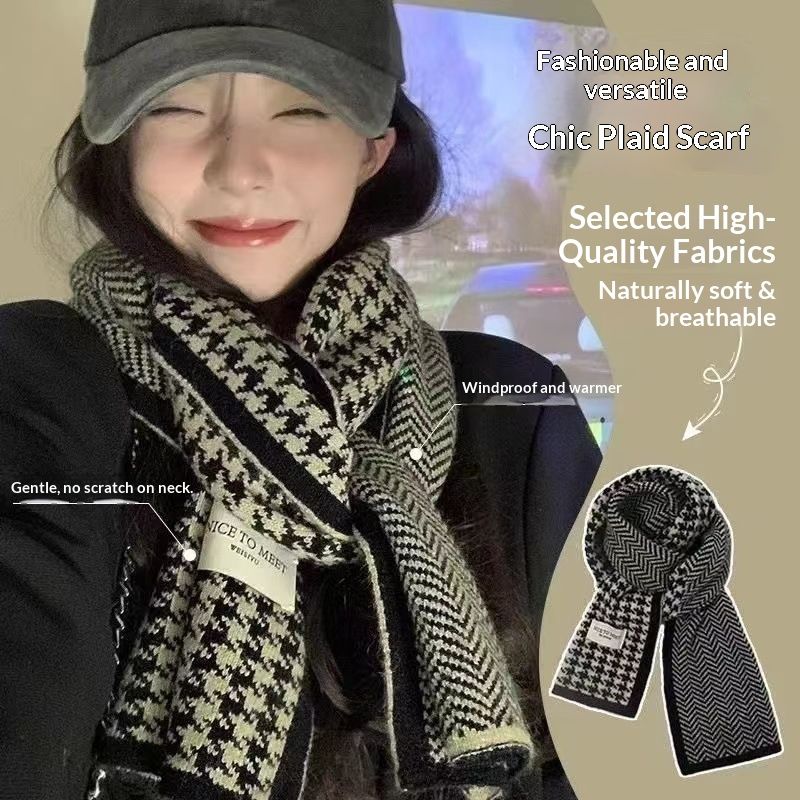 Sciarpa pied de poule per donna, invernale, nuova, lavorata a maglia su entrambi i lati, calda, coreana, per studenti, spessa, scaldacollo di alta qualità._voghion.com