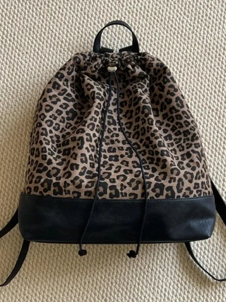 Fashion Y2k Womens Casual Street Leopard Print Drawstring Bag Large Capacity Rucksack Bolsos De Mujer 240829_voghion.com