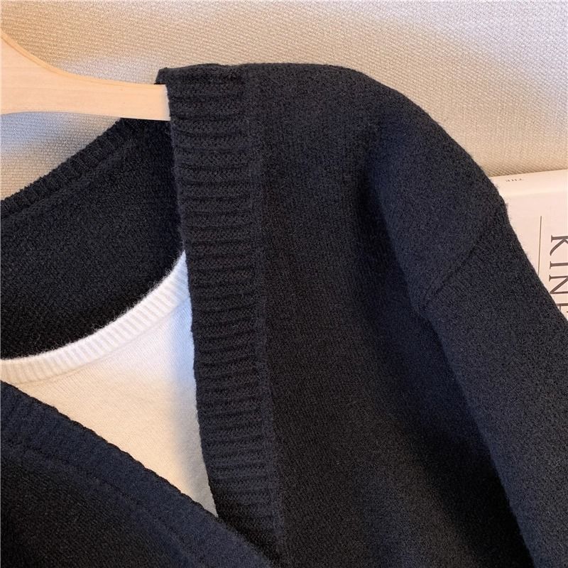 Damenbekleidung Lässiger Strickpullover Lockeres Damen-Set aus lässigem Strickpullover und weiten Hosen – Locker sitzendes Lounge-Outfit in Schwarz/Beige (M-4XL)_voghion.com