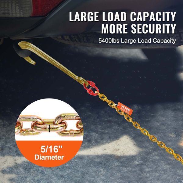 5/16'x6' G80 Tow Chain 15' J Hook Long Shank RTJ & Grab Hooks Wrecker Tie_voghion.com